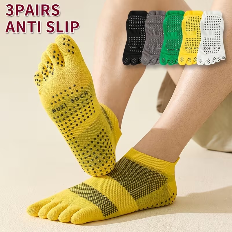 Grip Sock Yoga - Men's 3-Pair Toe Socks Anti-Slip Dotted