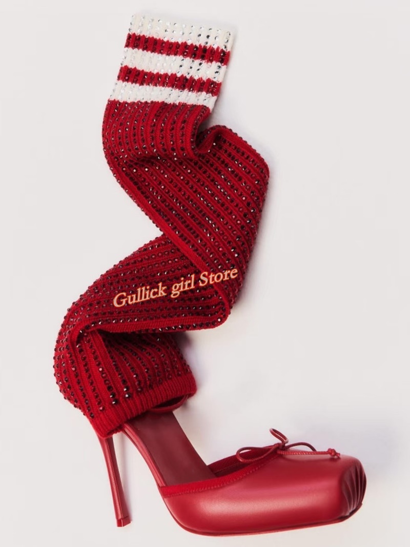 Red Knit Square Toe Boots Cut  - Knee High Sock Women recension och pris