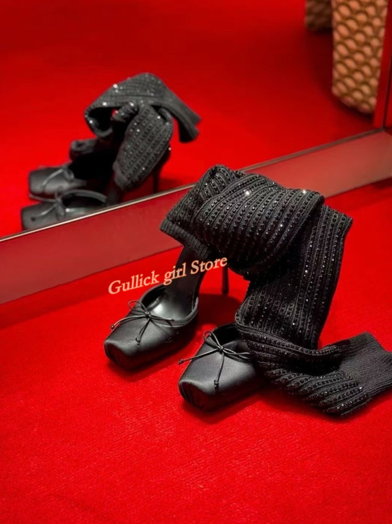 Red Knit Square Toe Boots Cut  - Knee High Sock Women recension och pris