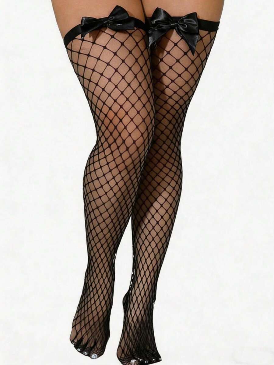 Bow Decor Fishnet Thigh High S - Knee High Sock Women recension och pris